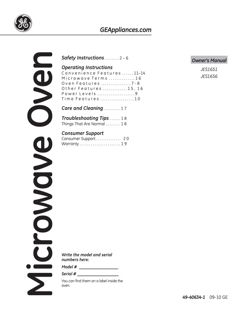 Page n°1 - Manuel utilisateur GE JES1651