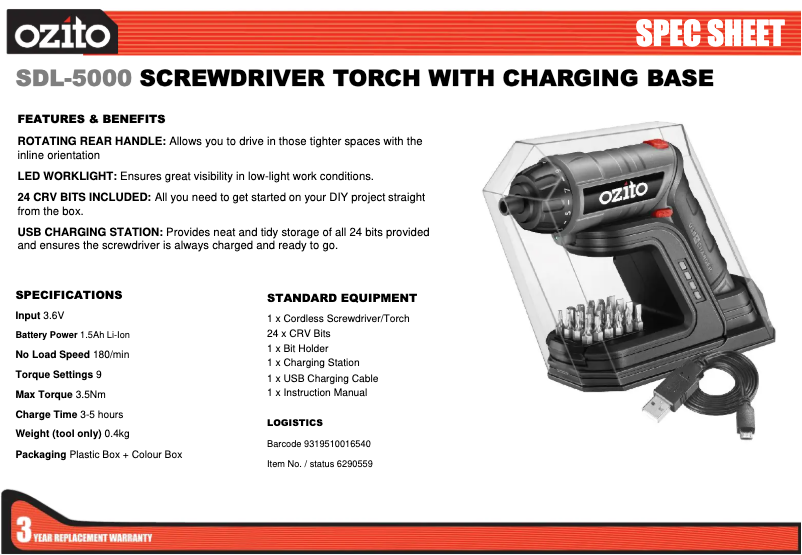 Page 1 de la notice Fiche technique Ozito SDL-5000