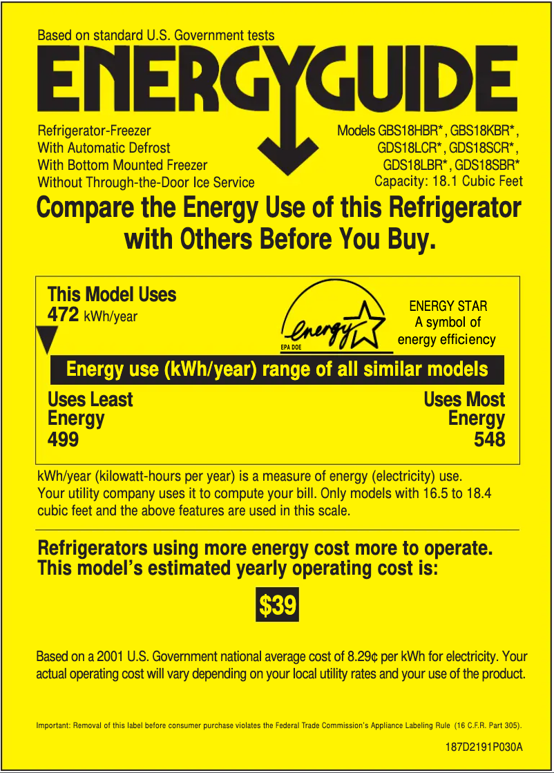 Page 1 de la notice Label énergétique GE GBS18HBRCC