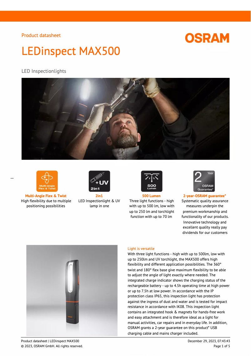 Page 1 de la notice Fiche technique Osram LEDinspect MAX500