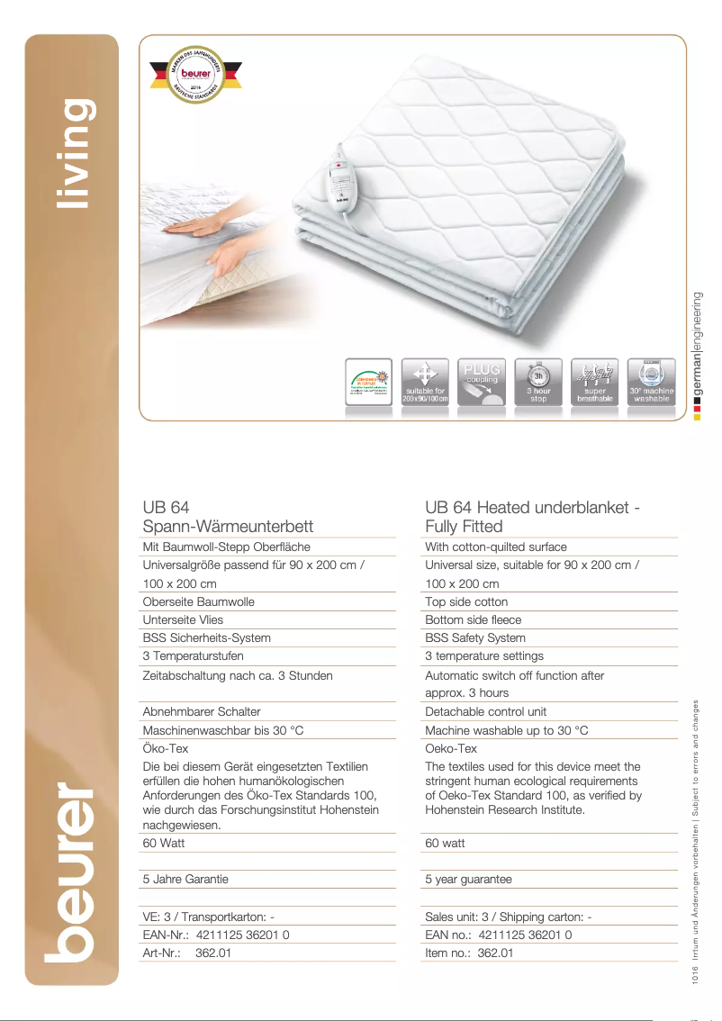 Page 1 de la notice Fiche technique Beurer UB 64