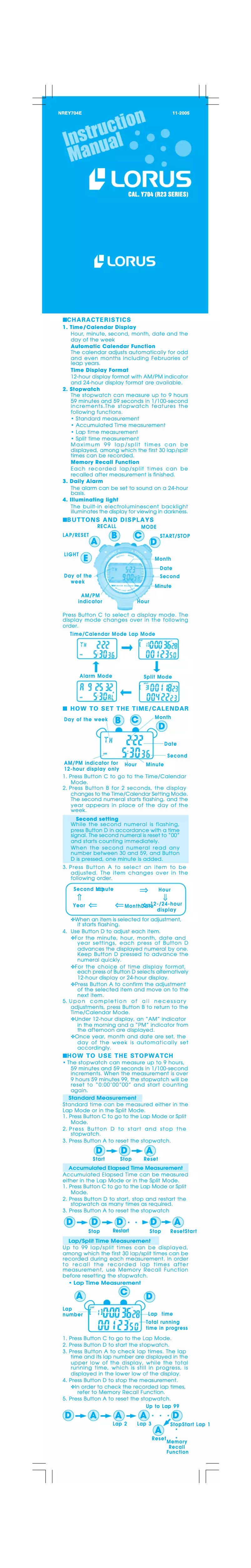 Page 1 de la notice Manuel utilisateur Lorus Y704E