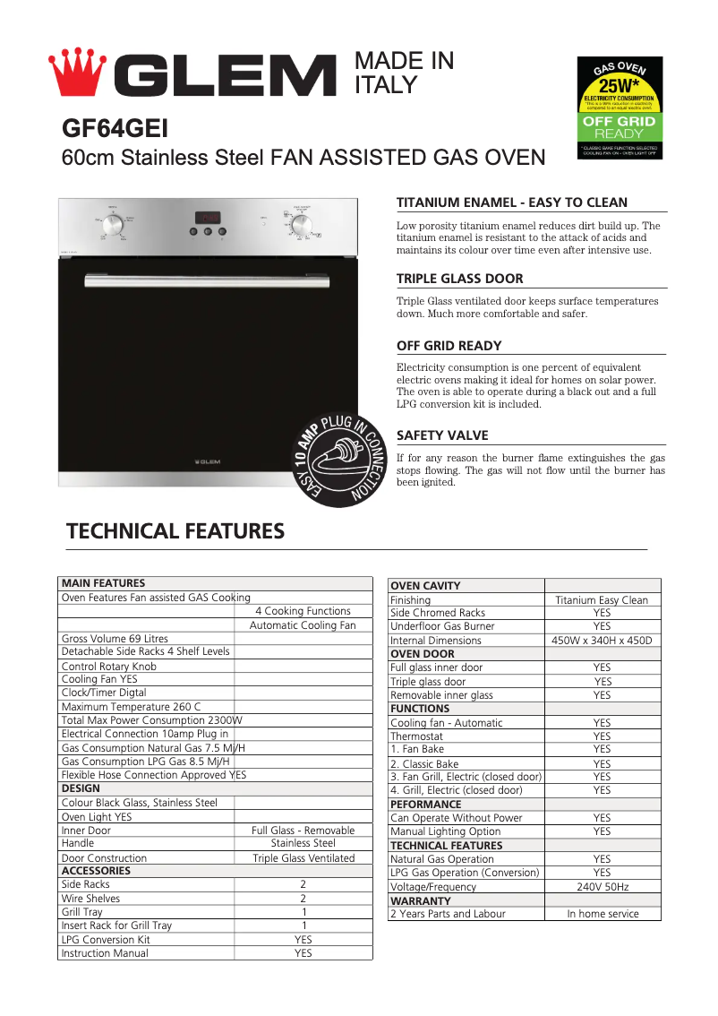 Page 1 de la notice Fiche technique Glem Gas GF64GEI