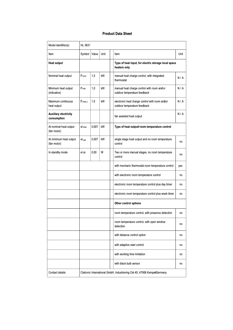 Page 1 of the manual Technical Sheet Clatronic HL 3631