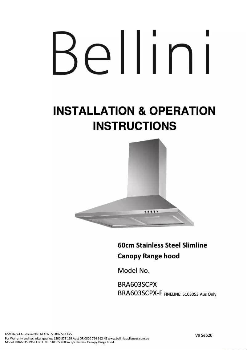 Page 1 de la notice Manuel utilisateur Bellini BRA603SCPX2-F