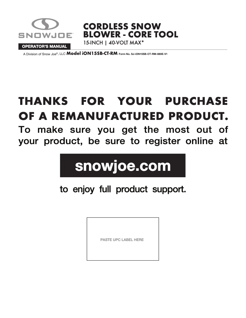 Page 1 de la notice Manuel utilisateur Snow Joe ION15SB-CT-RM