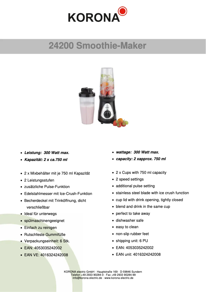 Page 1 de la notice Fiche technique Korona 24200