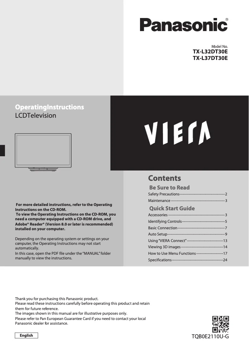 Page 1 de la notice Manuel utilisateur Panasonic Viera TX-L32DT30E