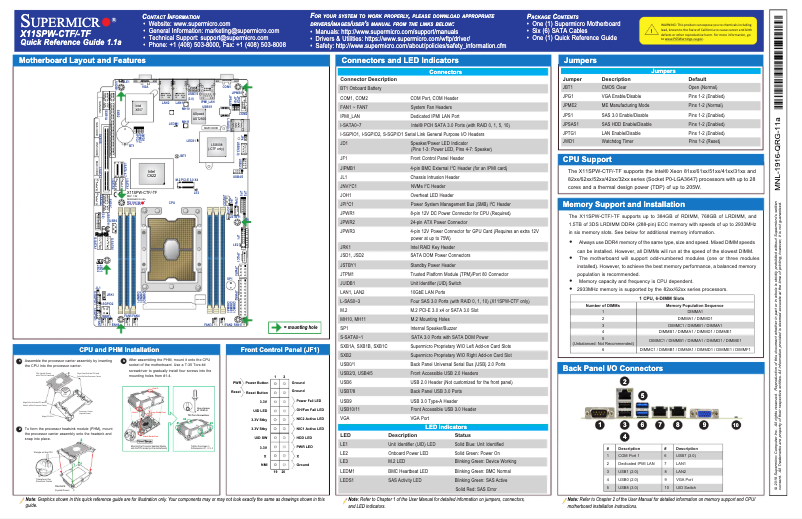 Page 1 de la notice Guide de démarrage rapide Supermicro X11SPW-CTF