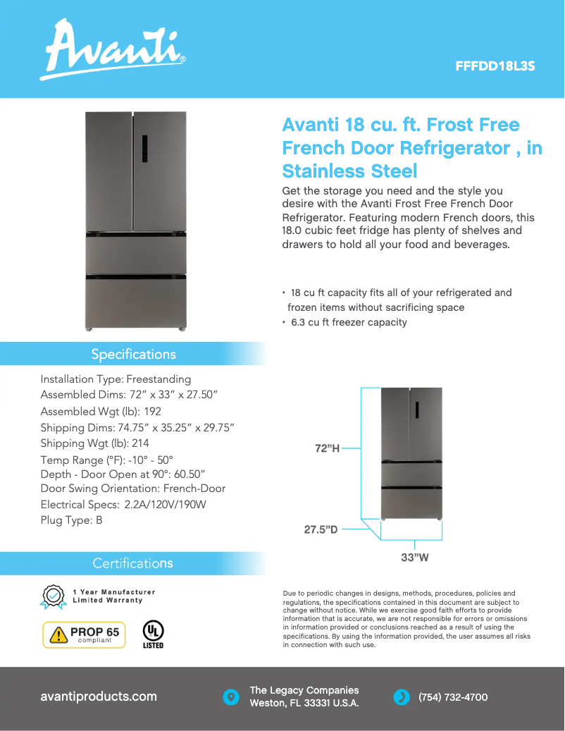 Page 1 de la notice Fiche technique Avanti FFFDD18L3S