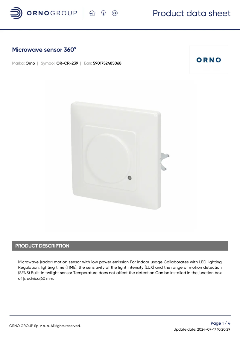 Page 1 of the manual Technical Sheet ORNO OR-CR-239