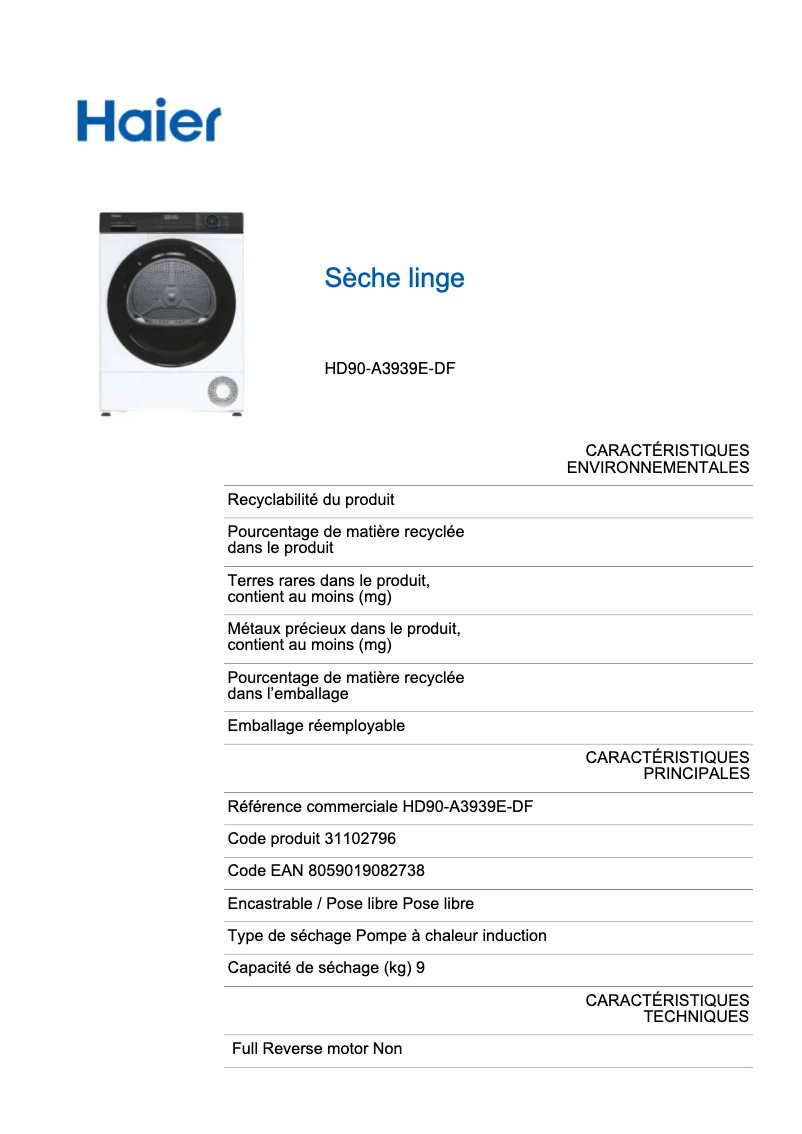 Página 1 del manual Etiqueta energética Haier HD90-A3939E