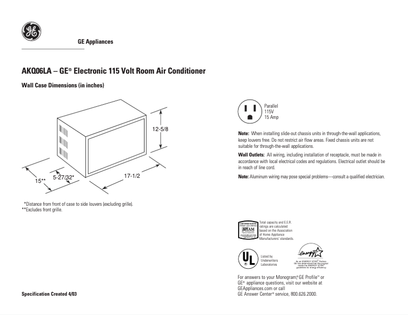 Page 1 of the manual Technical Sheet GE AKQ06LA