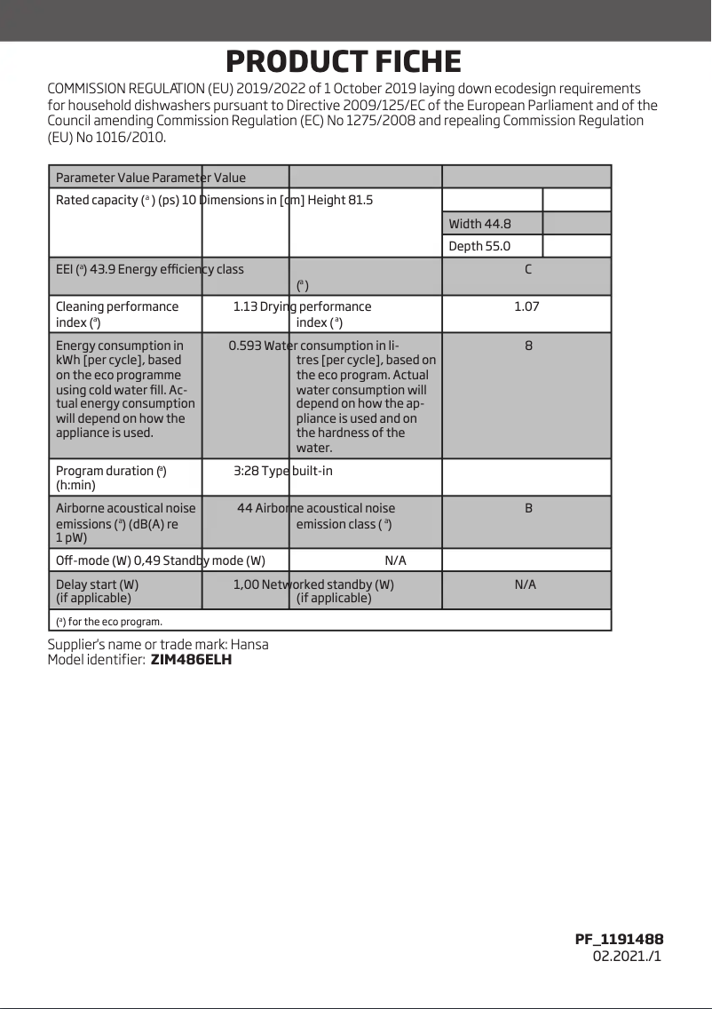 Page 1 de la notice Fiche technique Hansa ZIM486ELH