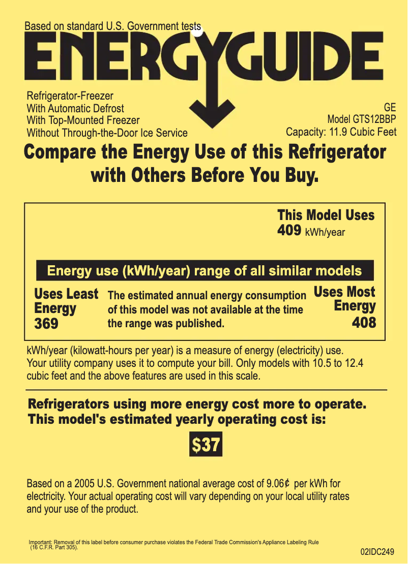 Page n°1 - Label énergétique GE GTS12BBPLCC