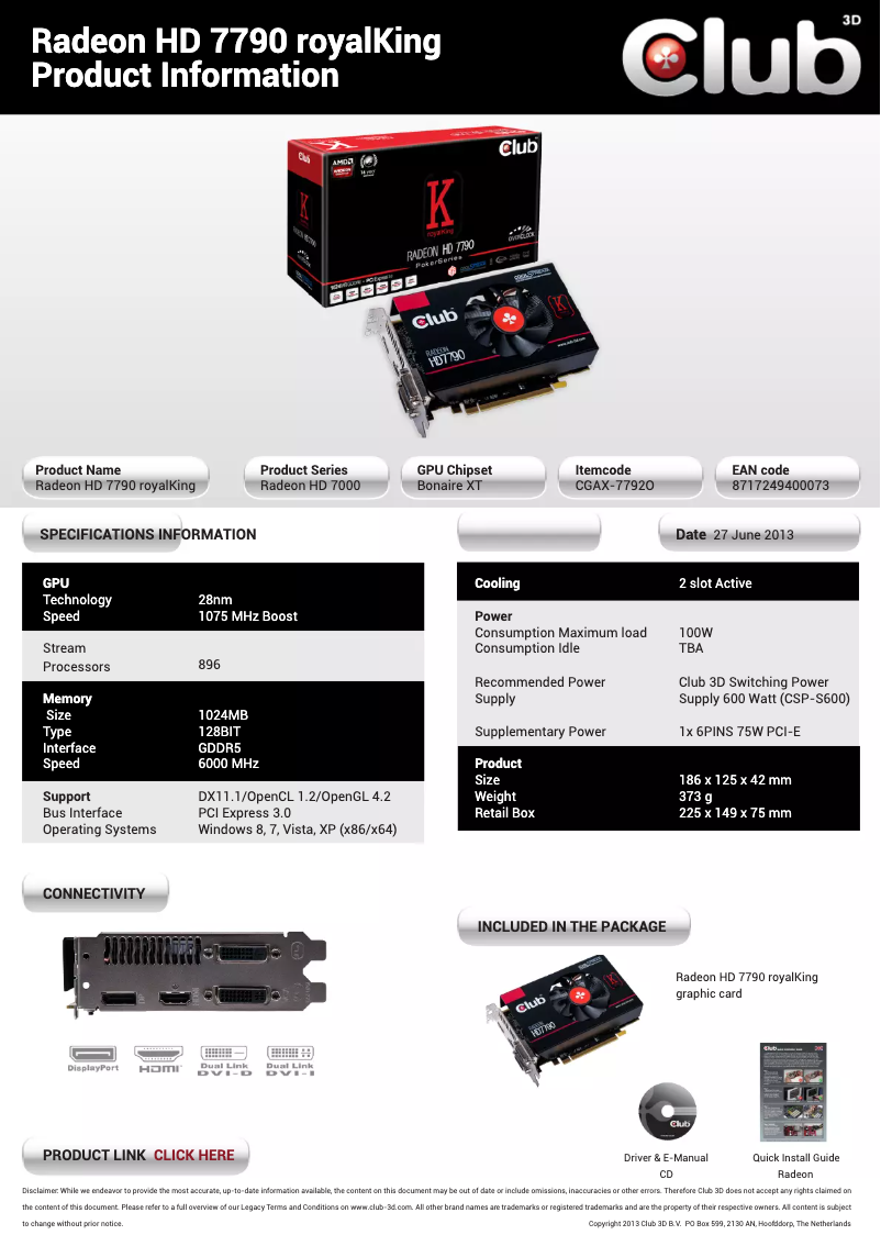 Page 1 de la notice Manuel utilisateur CLUB3D Radeon HD 7790 royalKing