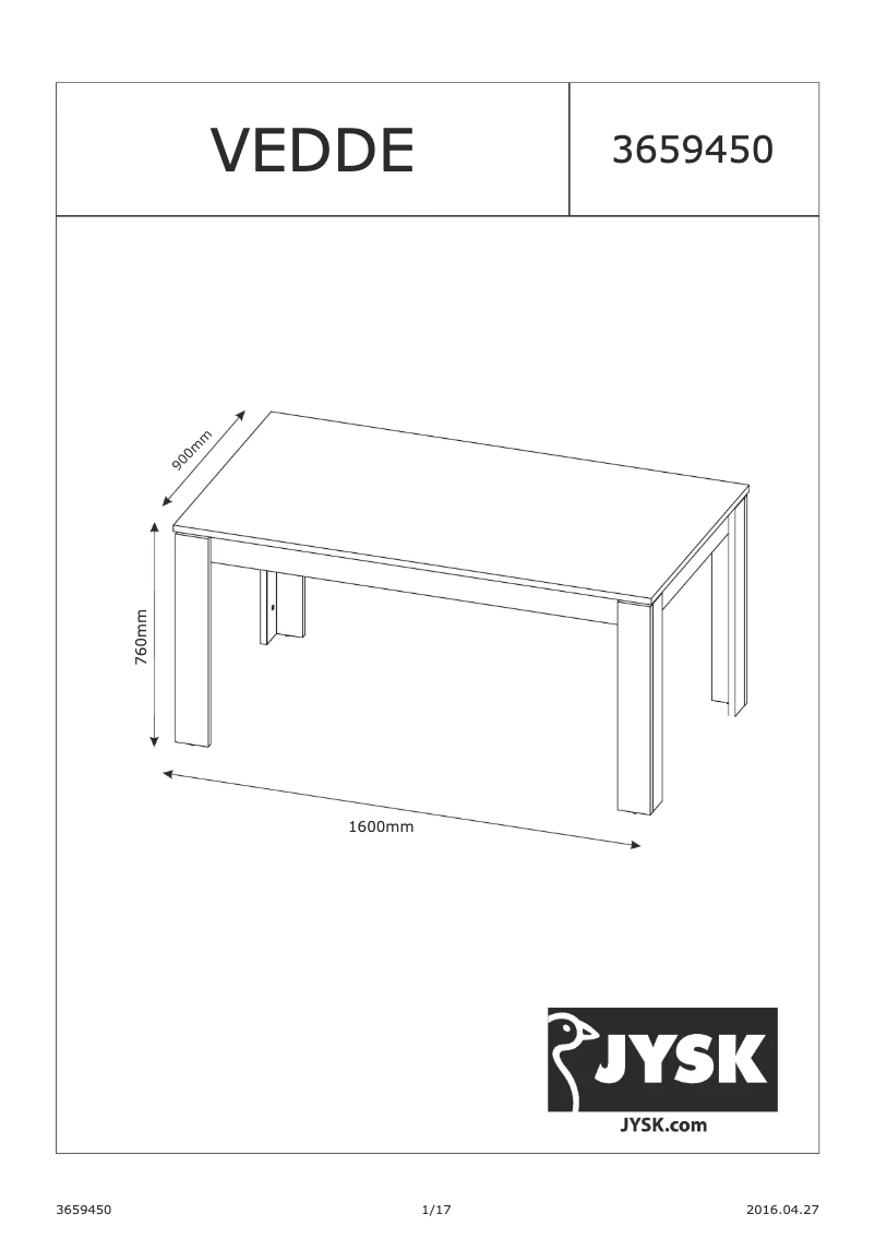 Page 1 de la notice Manuel utilisateur JYSK Vedde (90x160x76)