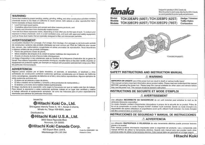 Page 1 de la notice Manuel utilisateur Tanaka TCH 22EBP2