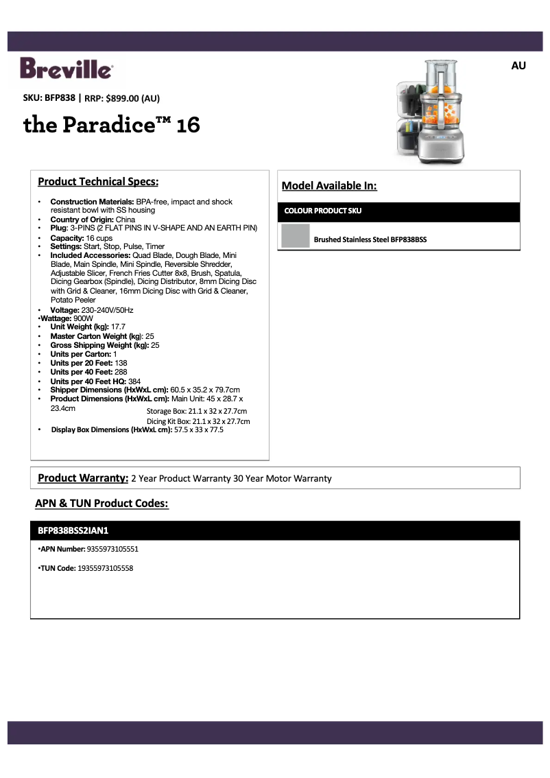 Page 1 de la notice Fiche technique Breville the Paradice 16 BFP838