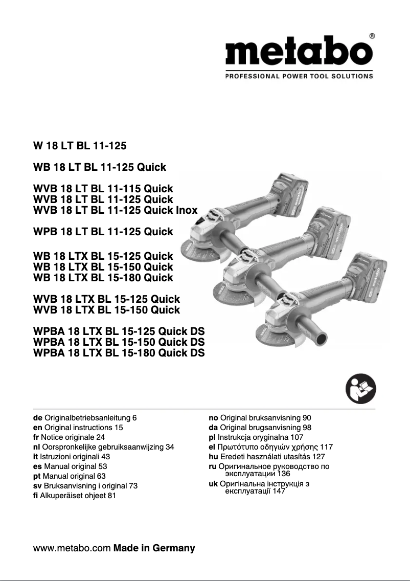 Page 1 de la notice Manuel utilisateur Metabo W 18 LT BL 11-125