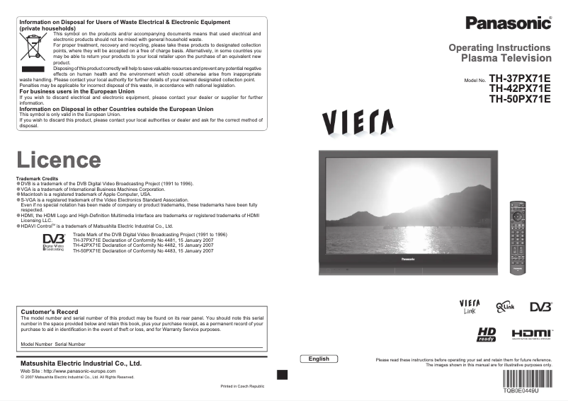 Page 1 of the manual User Manual Panasonic Viera TH-42PX71E
