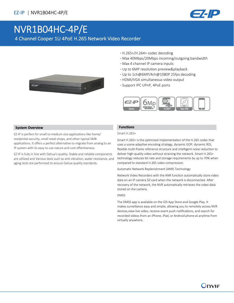 Page 1 de la notice Fiche technique Dahua Technology EZ-IP NVR1B04HC-4P/E