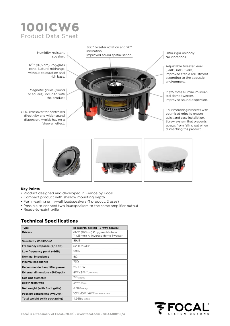 Page 1 de la notice Fiche technique Focal 100 ICW 6