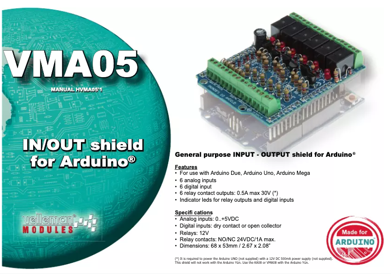 Page 1 de la notice Manuel utilisateur Velleman VMA05