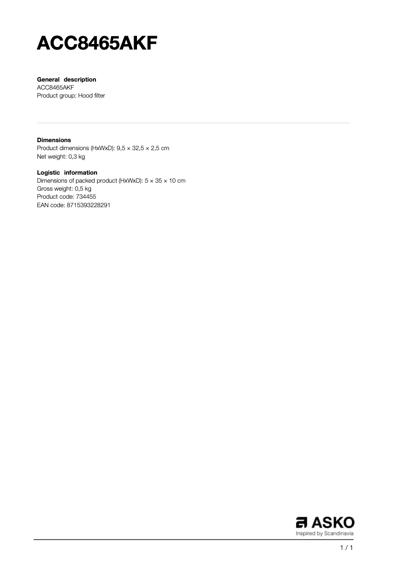 Page 1 de la notice Manuel utilisateur Asko ACC8465AKF