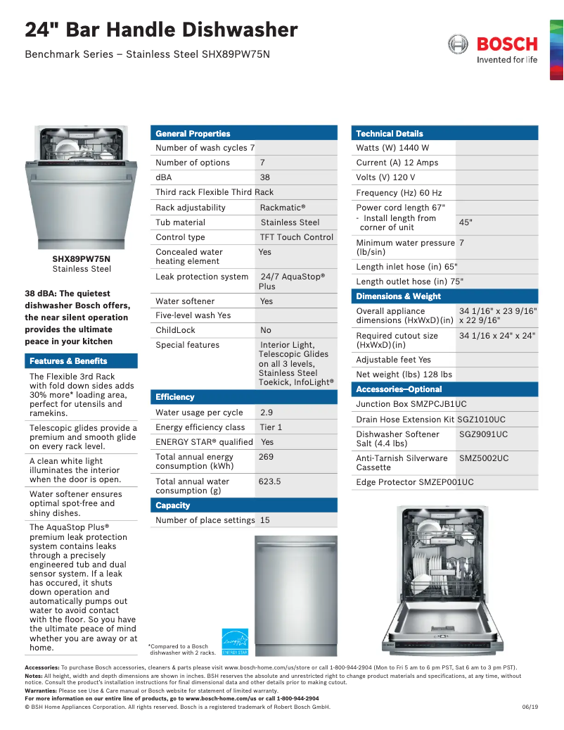 Page 1 de la notice Fiche technique Bosch SHX89PW75N