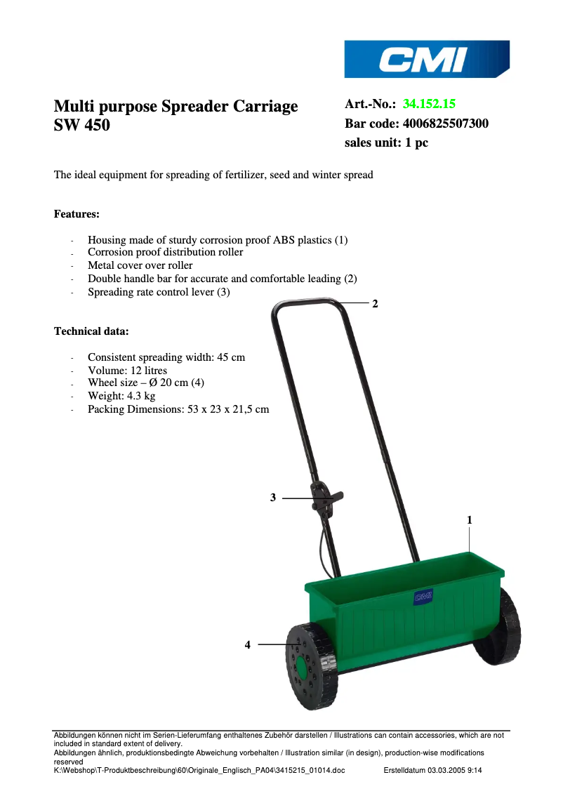 Page 1 of the manual Technical Sheet CMI SW 450