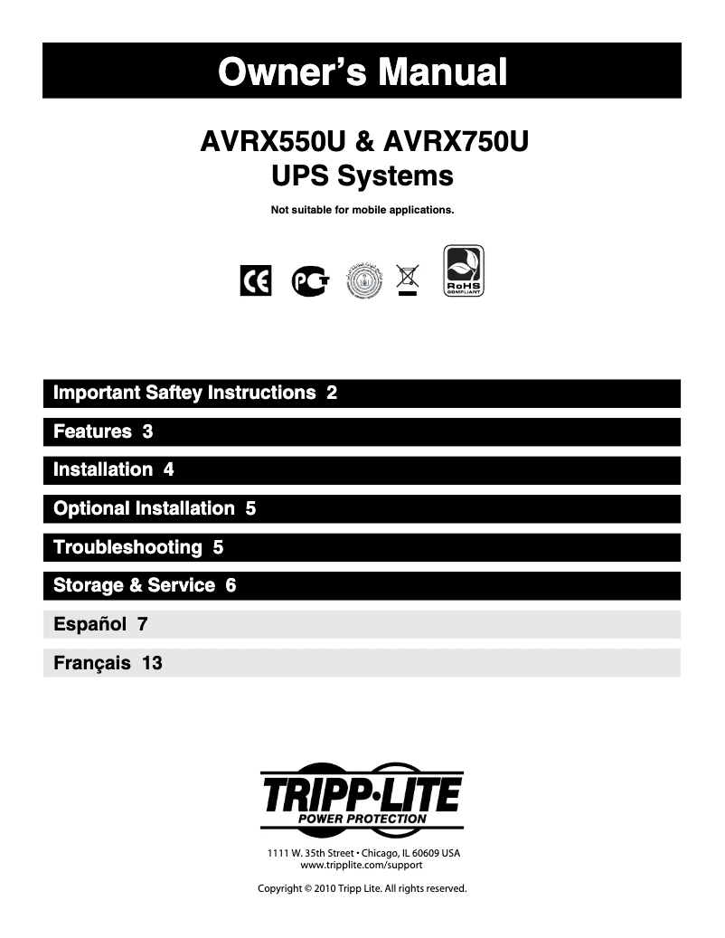 Page 1 de la notice Manuel utilisateur Tripp Lite AVRX550U