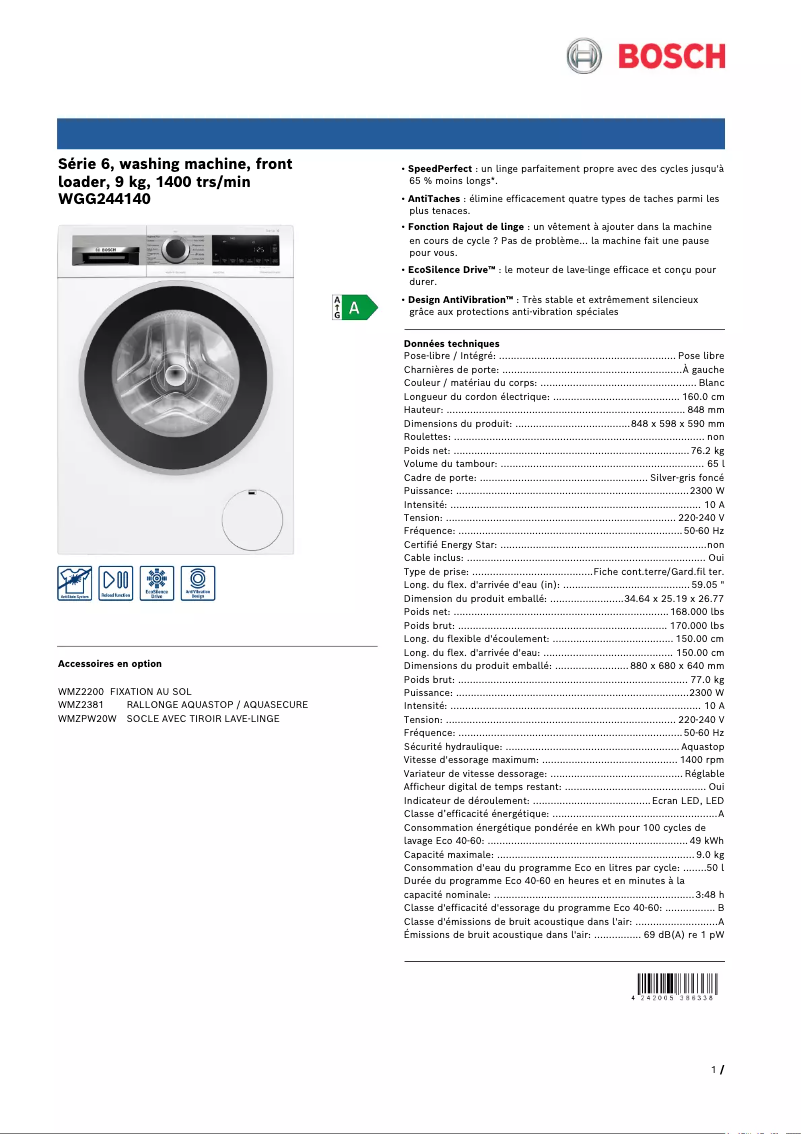 Page 1 de la notice Manuel utilisateur Bosch WGG244140