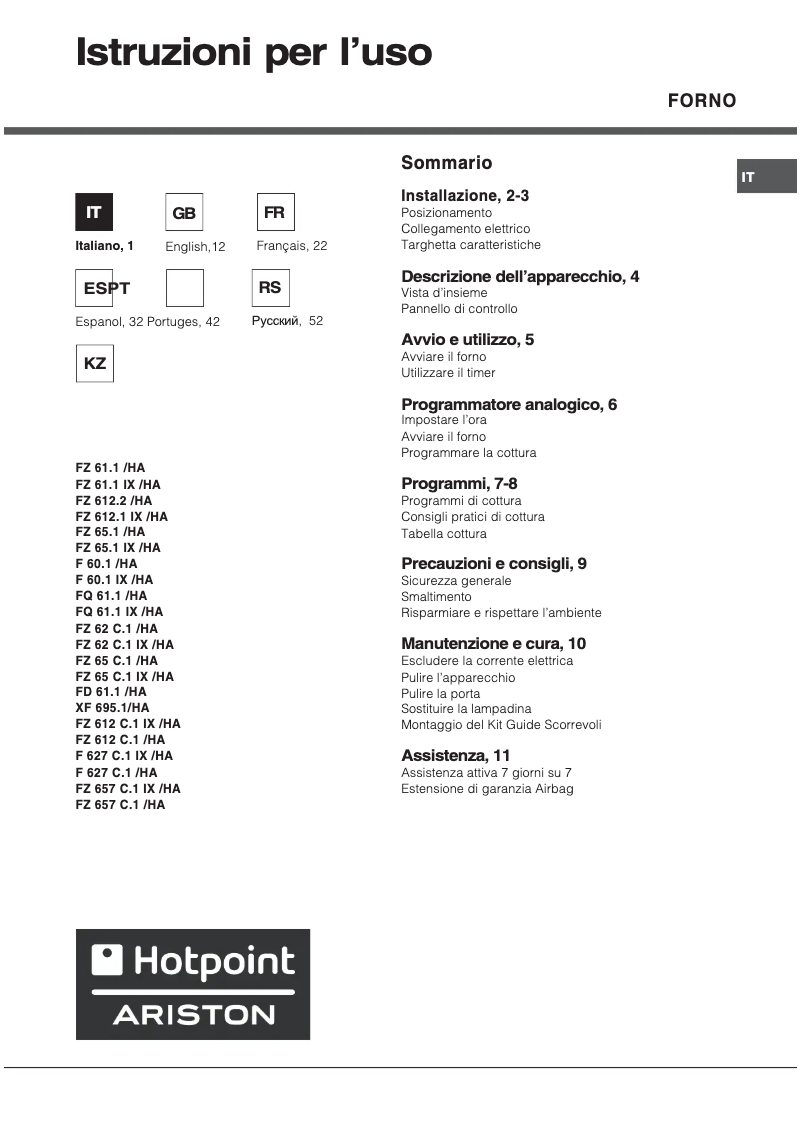 Page 1 de la notice Manuel utilisateur Hotpoint Ariston FZ 61.1 IX/HA