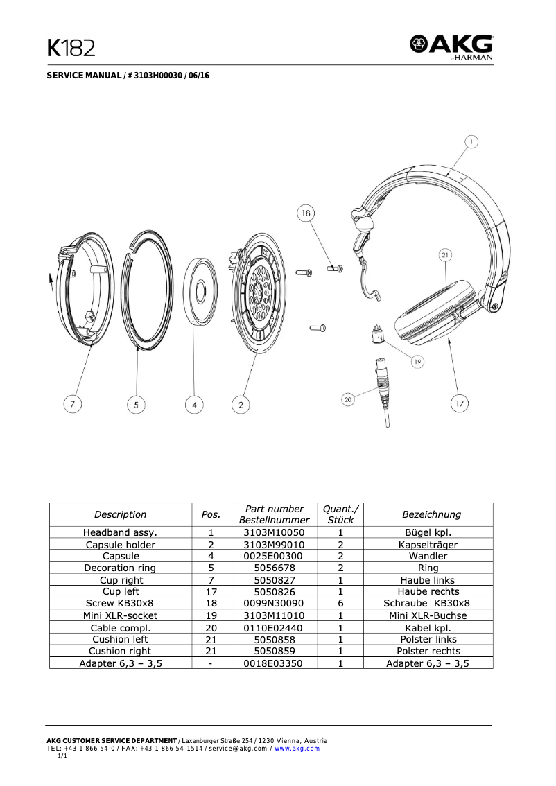 Page 1 de la notice Manuel utilisateur AKG K182