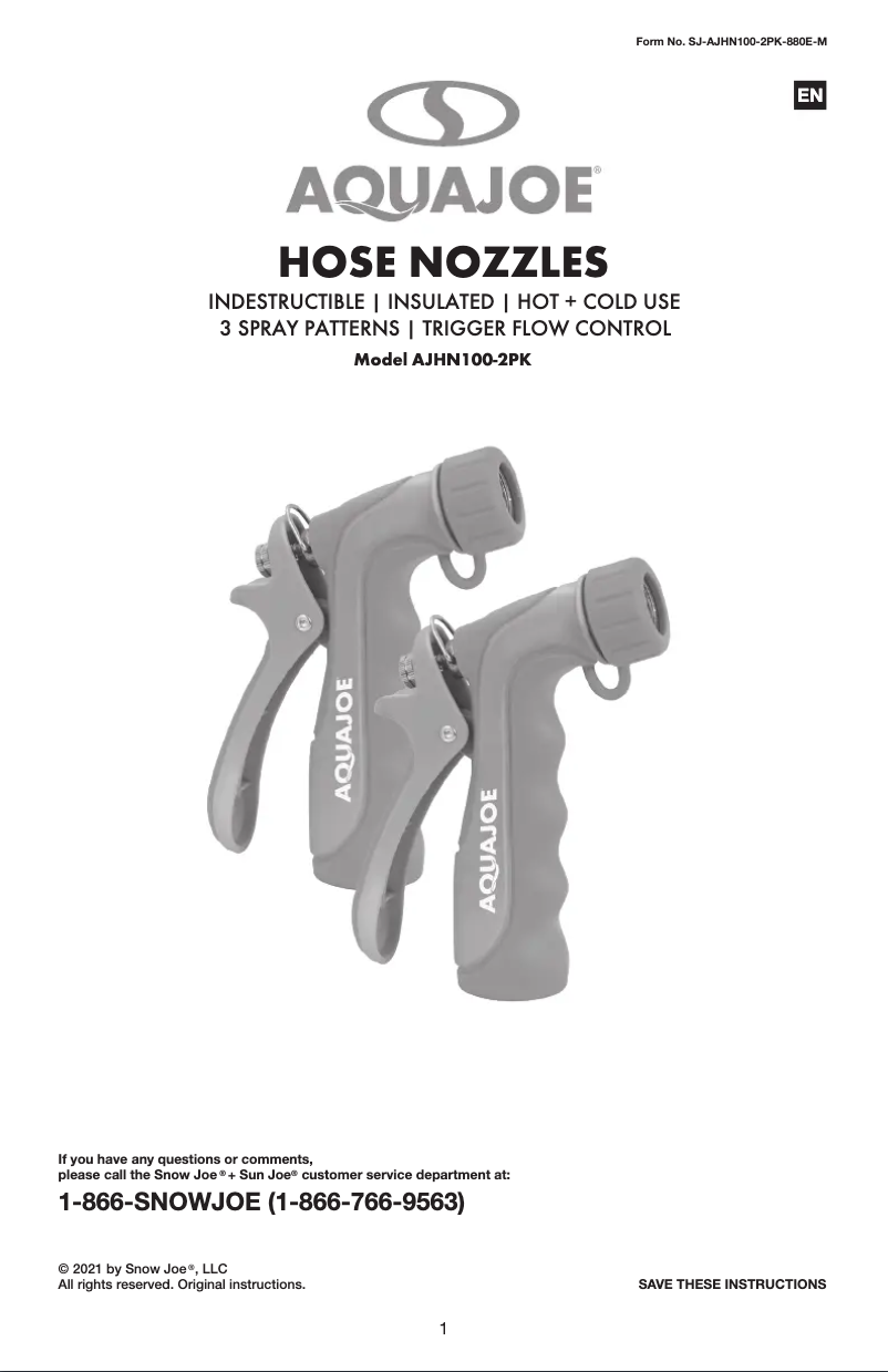 Page 1 de la notice Manuel utilisateur Aqua Joe AJHN100-2PK