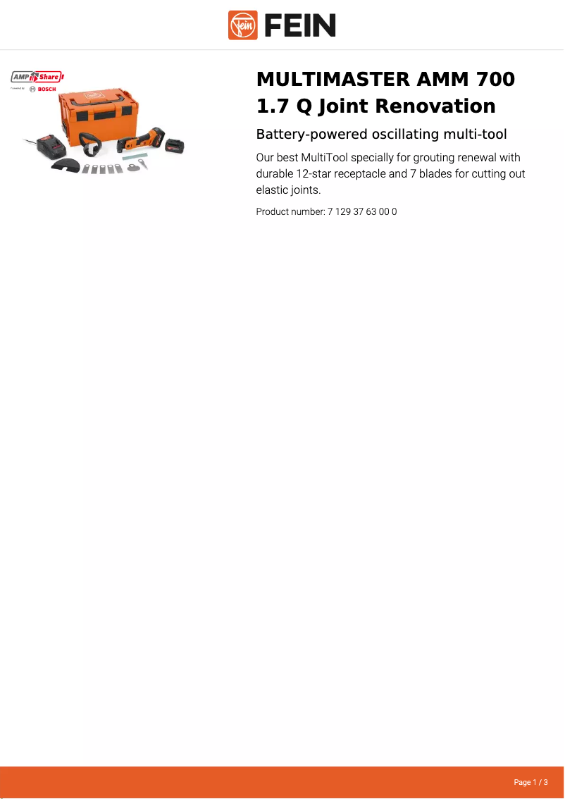 Page 1 de la notice Fiche technique Fein Multimaster AMM 700 1.7 Q AS