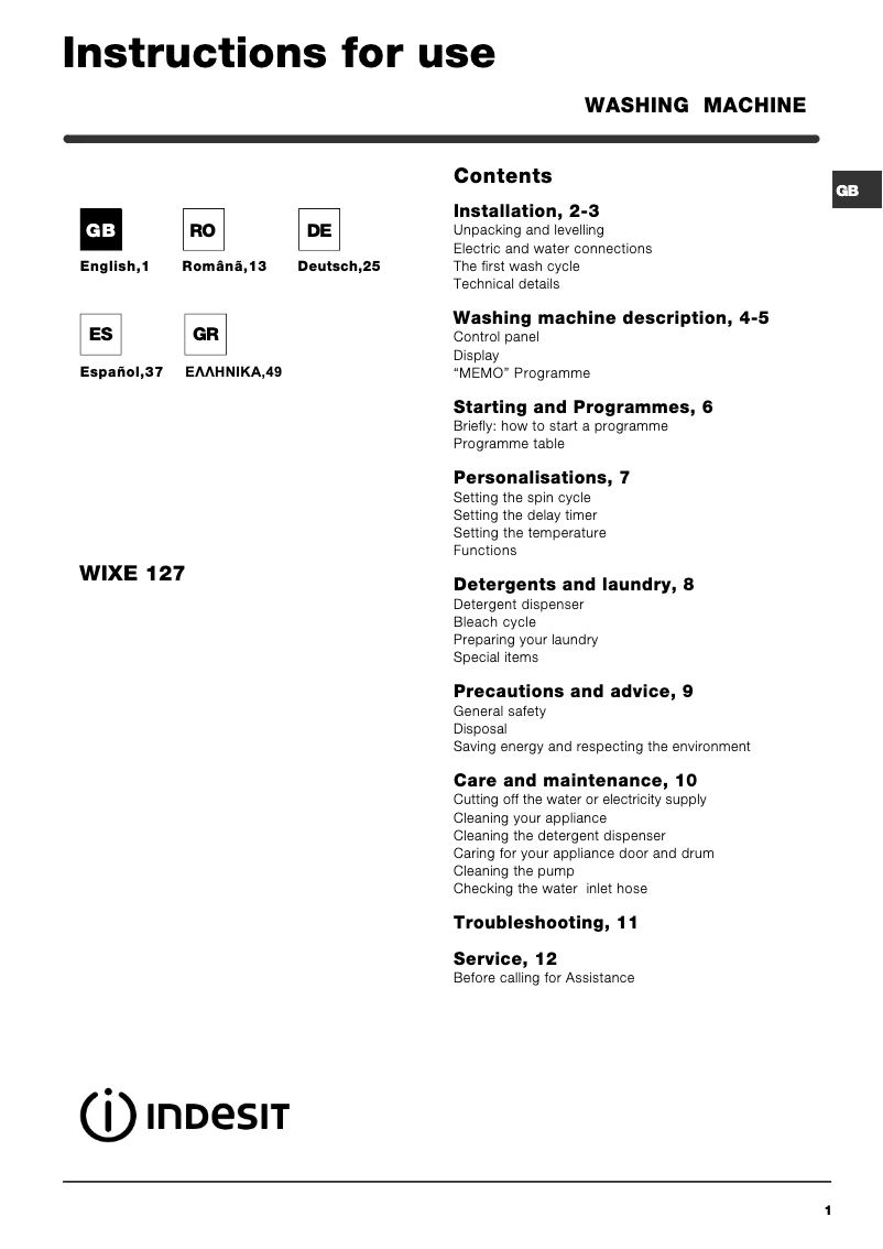 Page n°1 - Manuel utilisateur Indesit WIXE 127 (EX).R