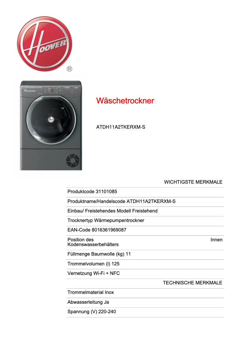 Página 1 del manual Ficha técnica Hoover ATDH11A2TKERXM-S