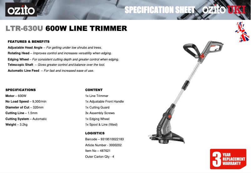 Page 1 de la notice Fiche technique Ozito LTR-630U