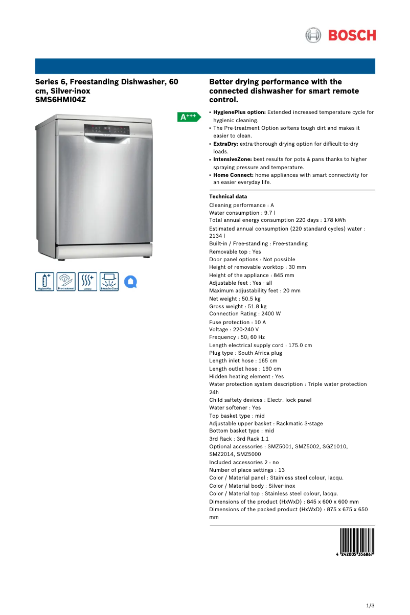 Page 1 de la notice Fiche technique Bosch SMS6HMI04Z