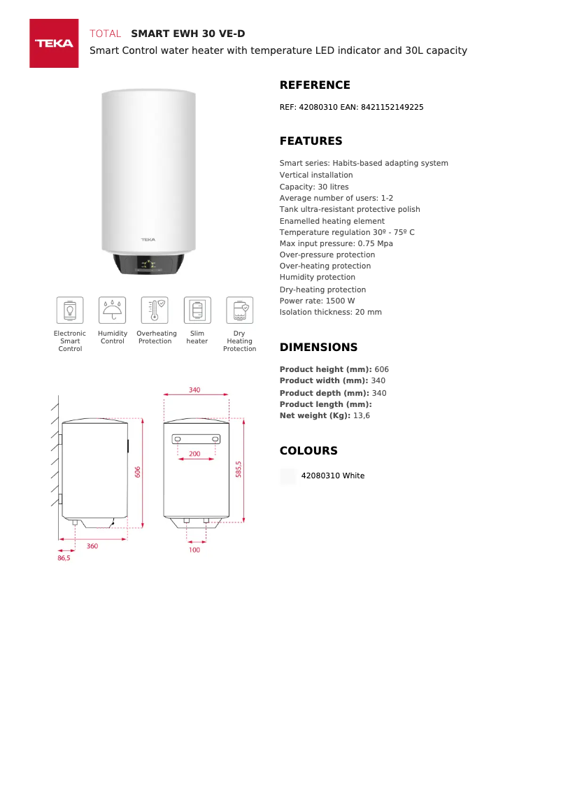 Page 1 de la notice Fiche technique Teka EWH 30 VE-D