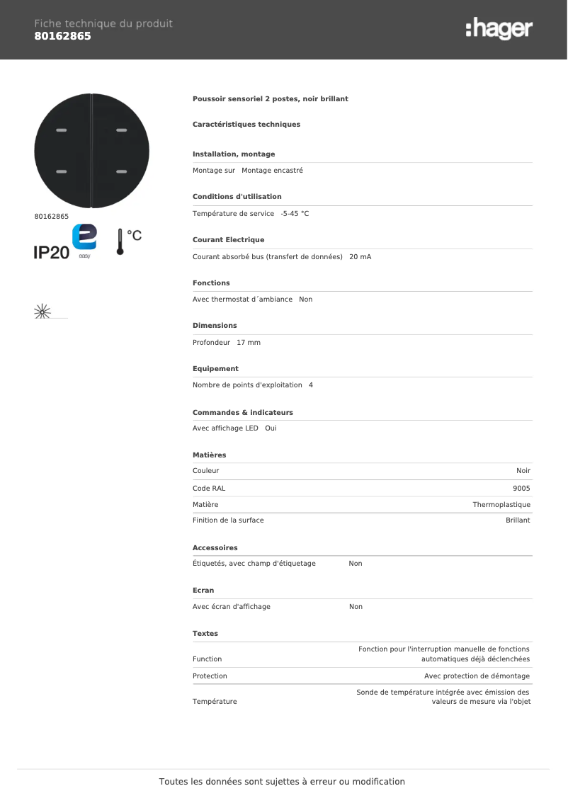 Page 1 de la notice Fiche technique Hager 80162865