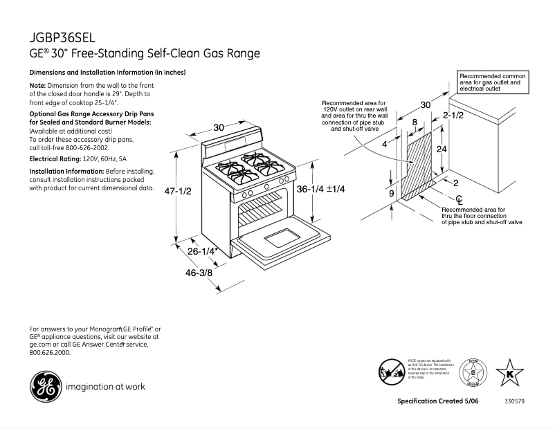 Page 1 of the manual Technical Sheet GE JGBP36SELSS