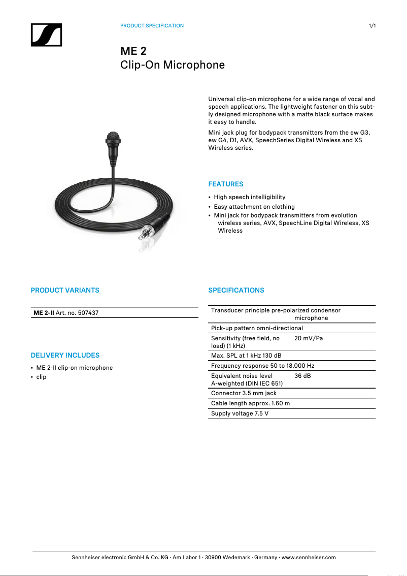 Page 1 de la notice Manuel utilisateur Sennheiser ME 2