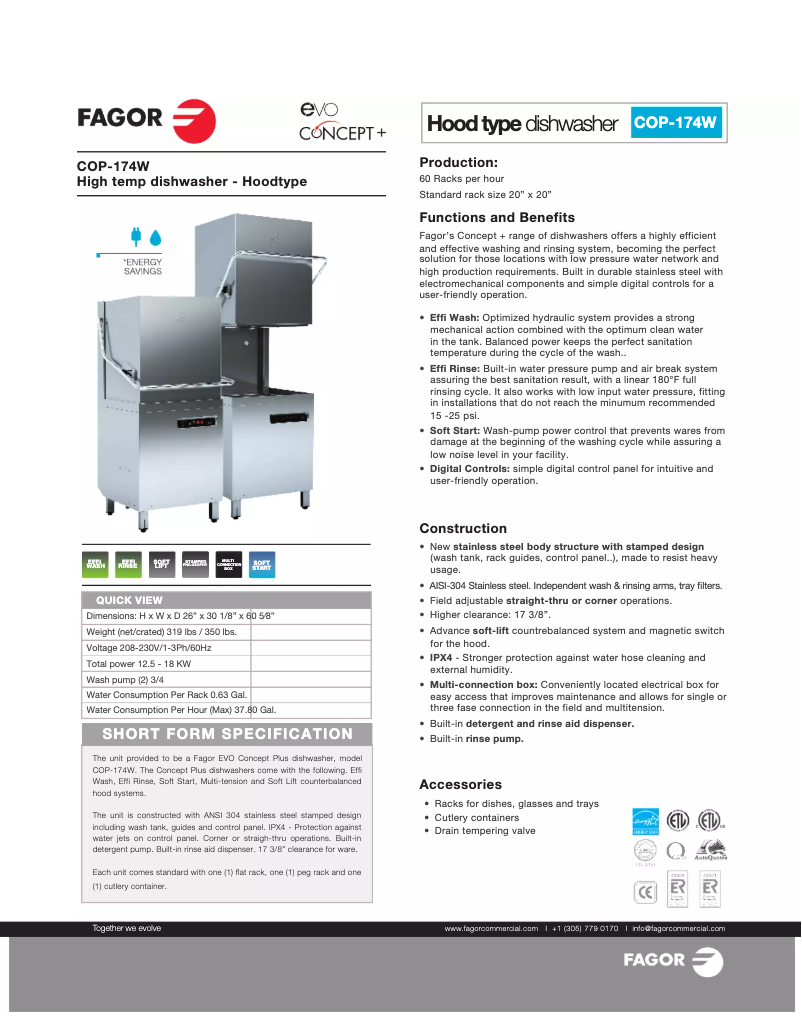 Page 1 de la notice Fiche technique Fagor COP-174W