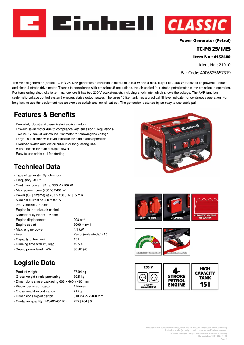 Página 1 del manual Ficha técnica Einhell TC-PG 25/1/E5