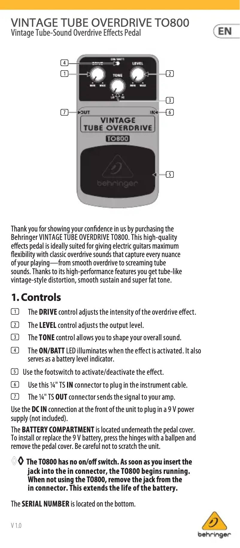 Página 1 del manual Manual de usuario Behringer Vintage Tube Overdrive TO800