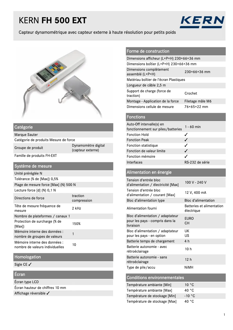 Page 1 de la notice Fiche technique Kern FH 500 EXT