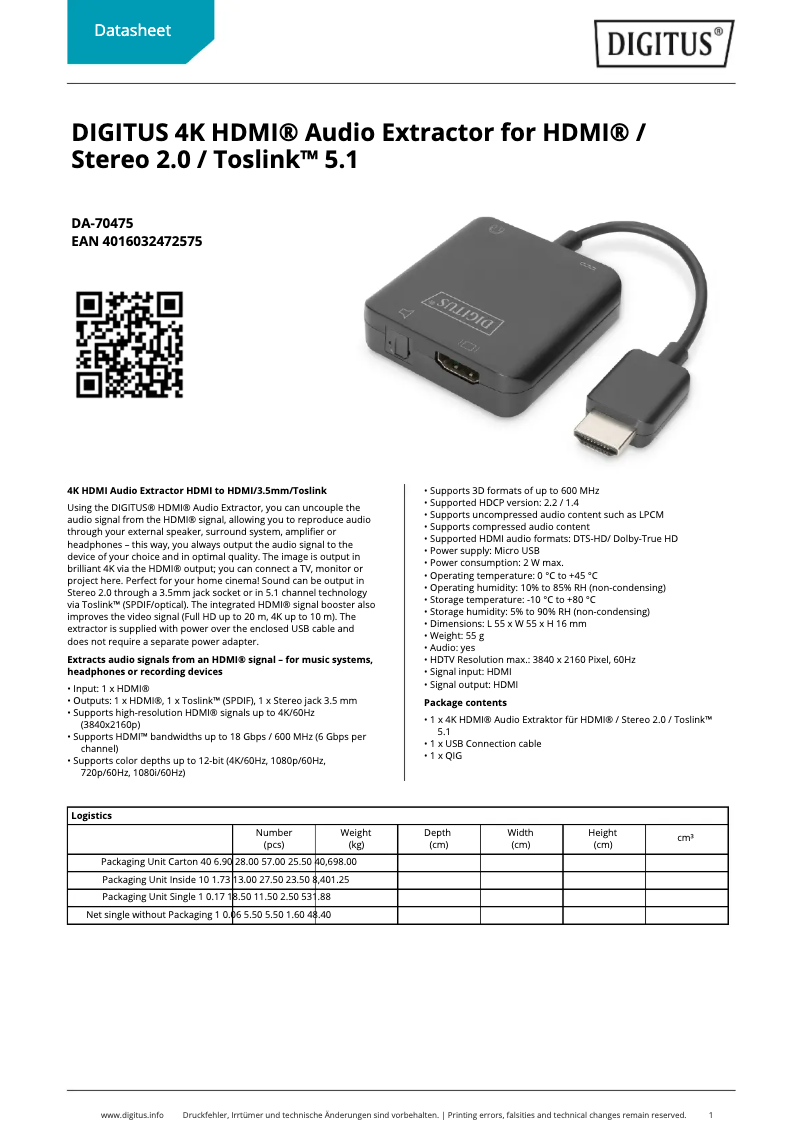 Page 1 de la notice Fiche technique Digitus DA-70475
